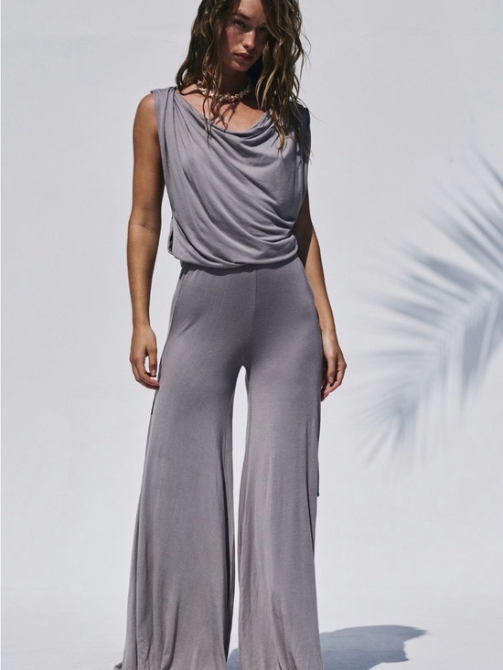 Free People Pants - Free People Draped Sleeveless Wide-Leg Jumpsuit - Light Gray